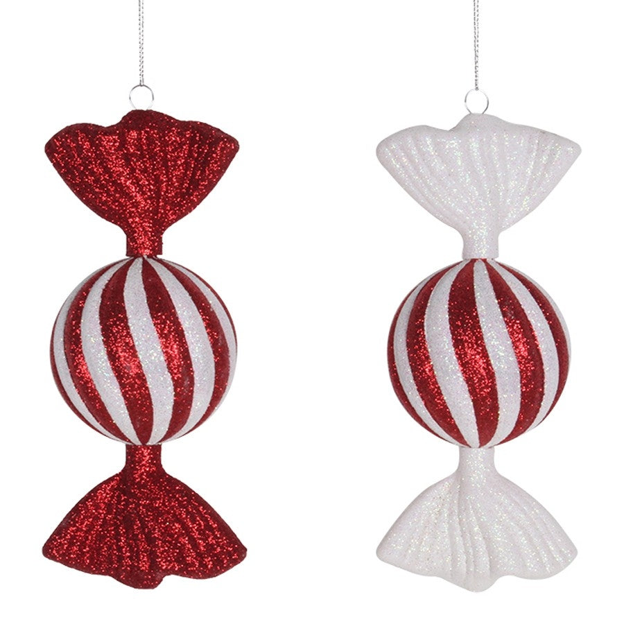 2 stk. 18 cm slik, rød/hvid glitter, 2 assort. pris for 2 stk.
