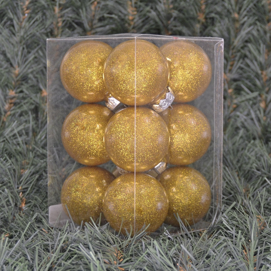 6 cm julekugler, blank med indvendig guld glitter, 12 stk i boks