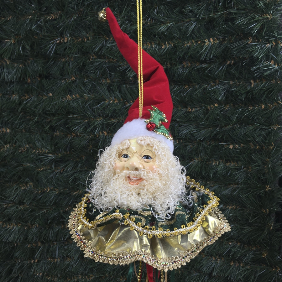 Julemands hoved, ornament med frynser, rød, guld, grøn
