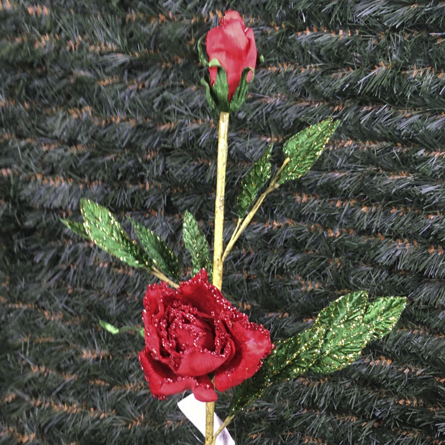 Rose på stilk med knopper, rød og grøn, 63 cm