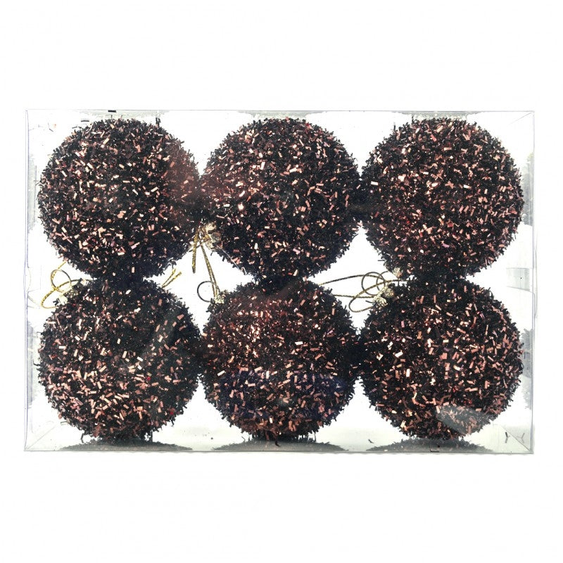 6 cm kugler, grovglitter, choko, 6 stk i boks