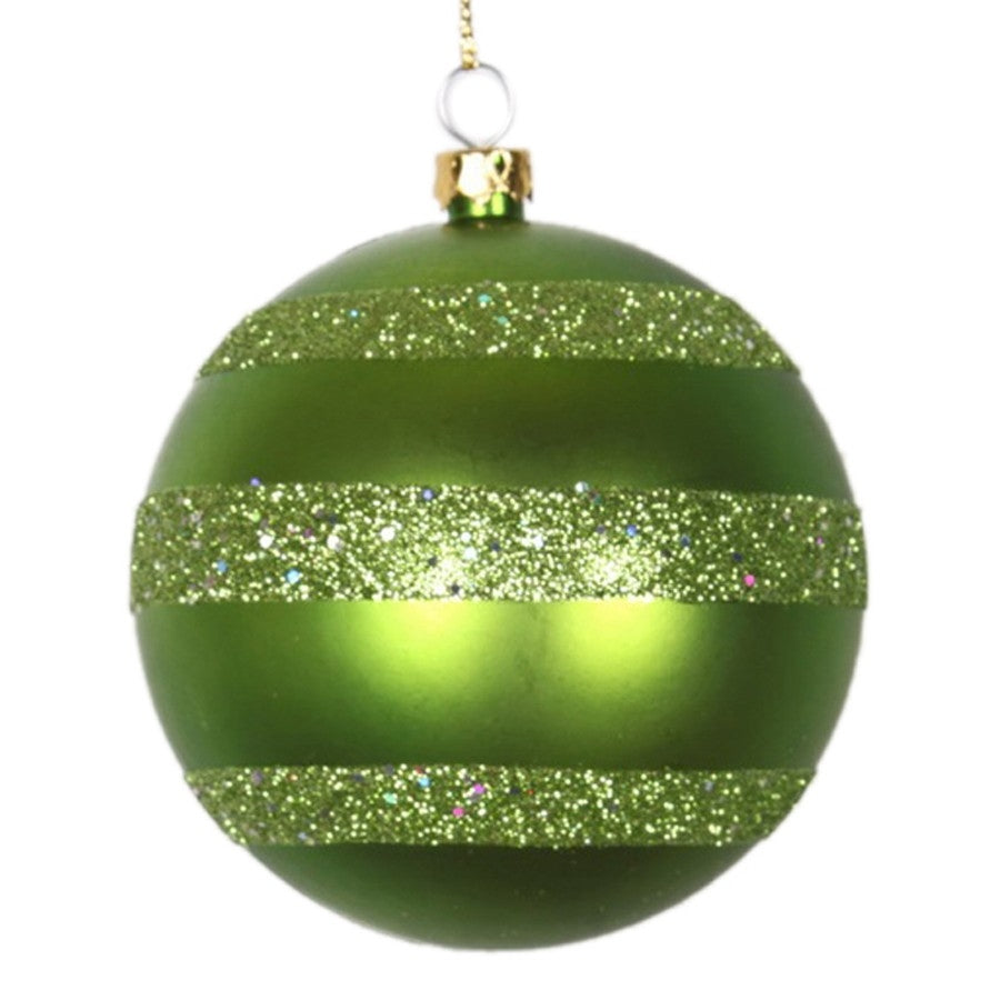 8 cm julekugle, mat, lime m/horizontal lime glitter bælter
