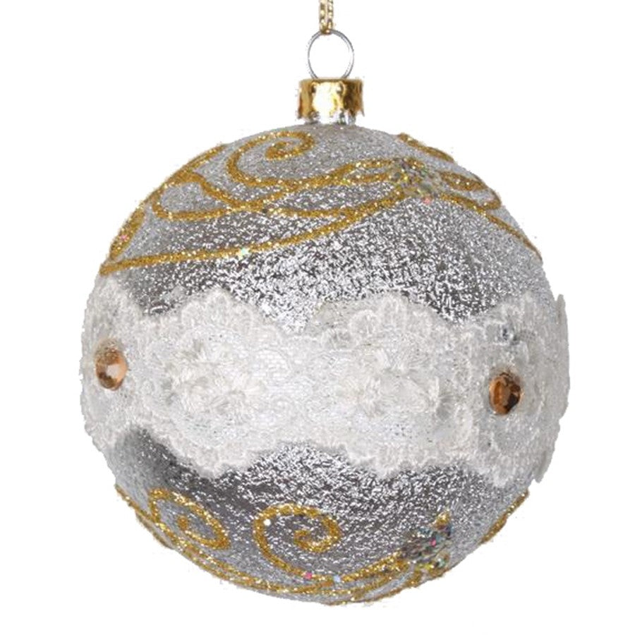 8 cm kugle, wrinkle, sølv m/blonde og guld glitter og simili