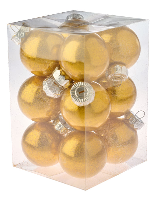 6 cm julekugler, blank med indvendig guld glitter, 12 stk i boks