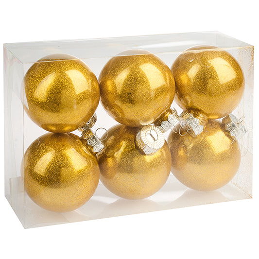 8 cm julekugler, blank med indvendig guld glitter, 6 stk i boks