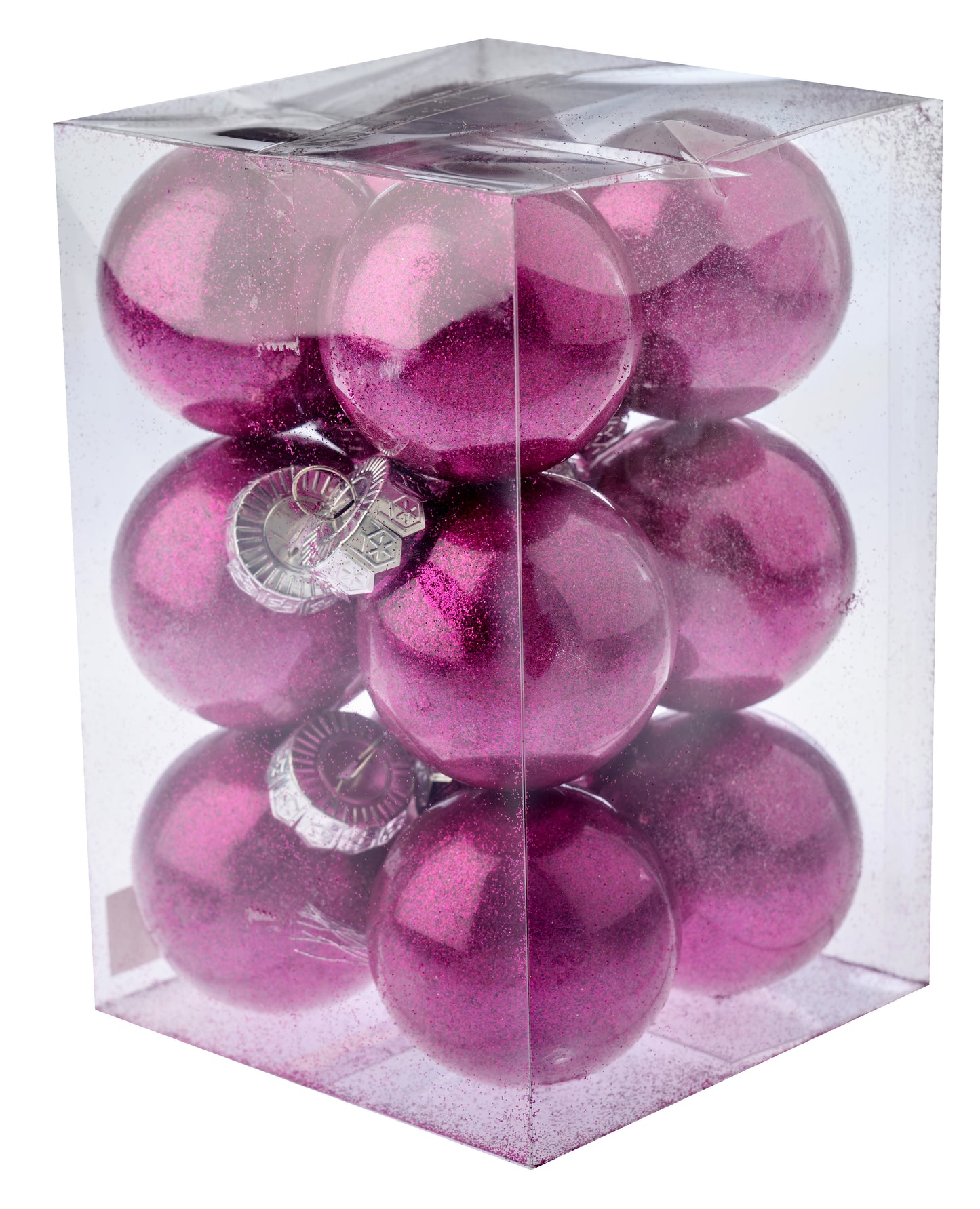 6 cm julekugler, blank med indvendig lilla glitter, 12 stk i boks