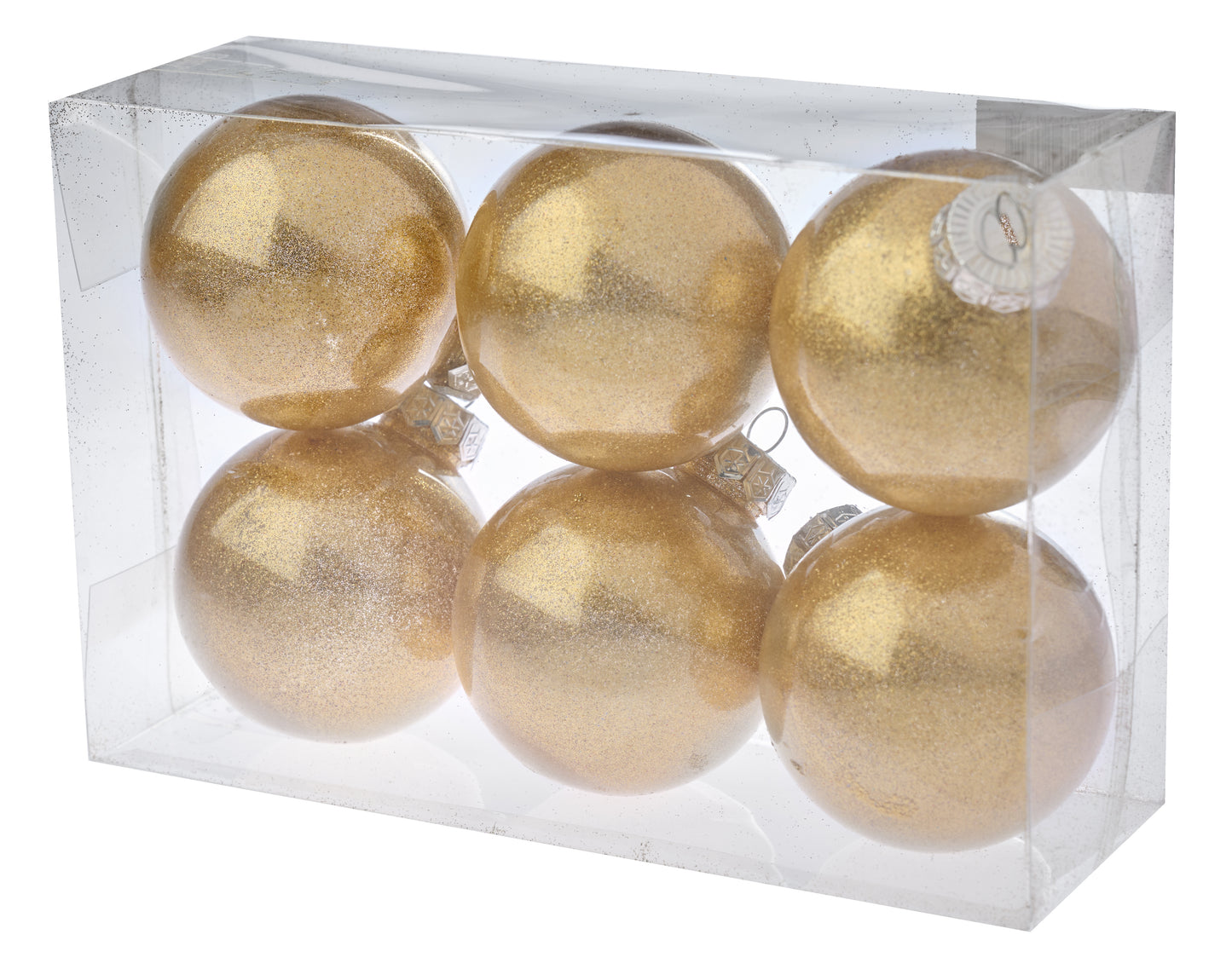 8 cm julekugler, blank med indvendig champagne glitter, 6 stk i boks