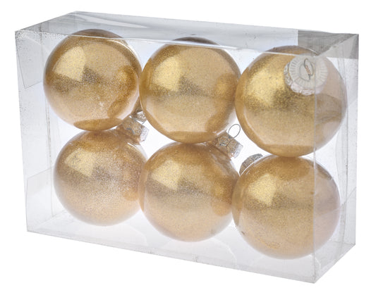 8 cm julekugler, blank med indvendig champagne glitter, 6 stk i boks