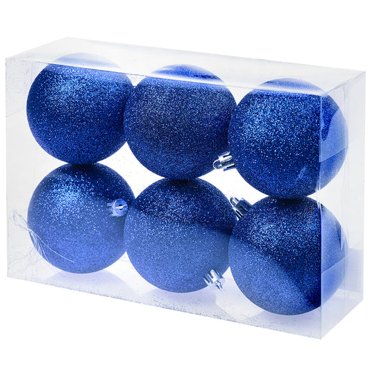 8 cm julekugle, 6 stk i boks, plastik, blå, glitter