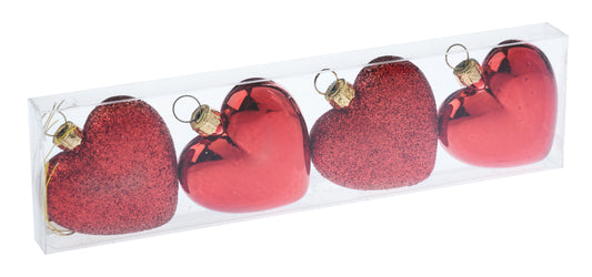 5 cm hjerter, rød blank og glitter, 4 stk i boks