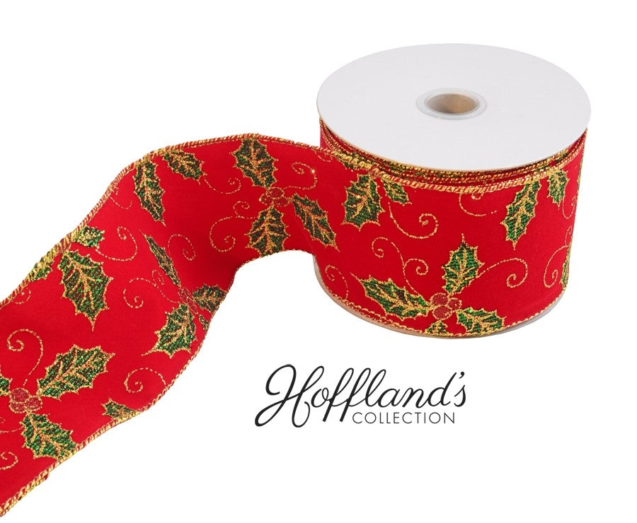 6 cm X 9 meter, rødt velour dekobånd med kristtjørn