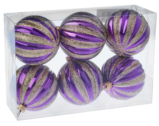 6 cm julekugler, perlemor lilla med champagne glitter, 6 stk i boks