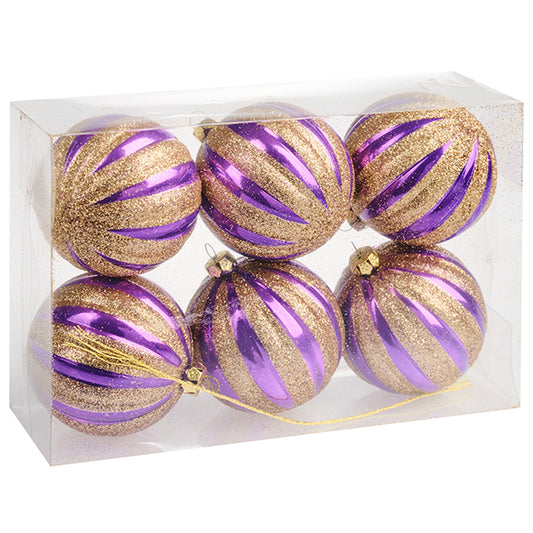 6 cm julekugler, perlemor lilla med champagne glitter, 6 stk i boks