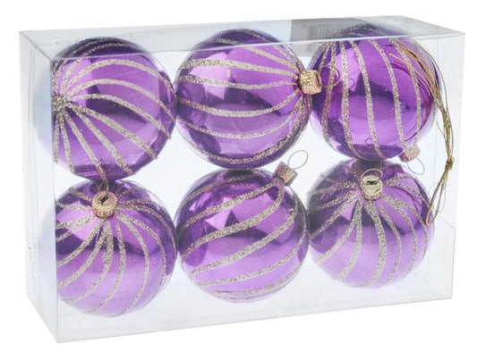 6 cm julekugler, perlemor lilla med swirl deko af champagne glitter, 6 stk i boks