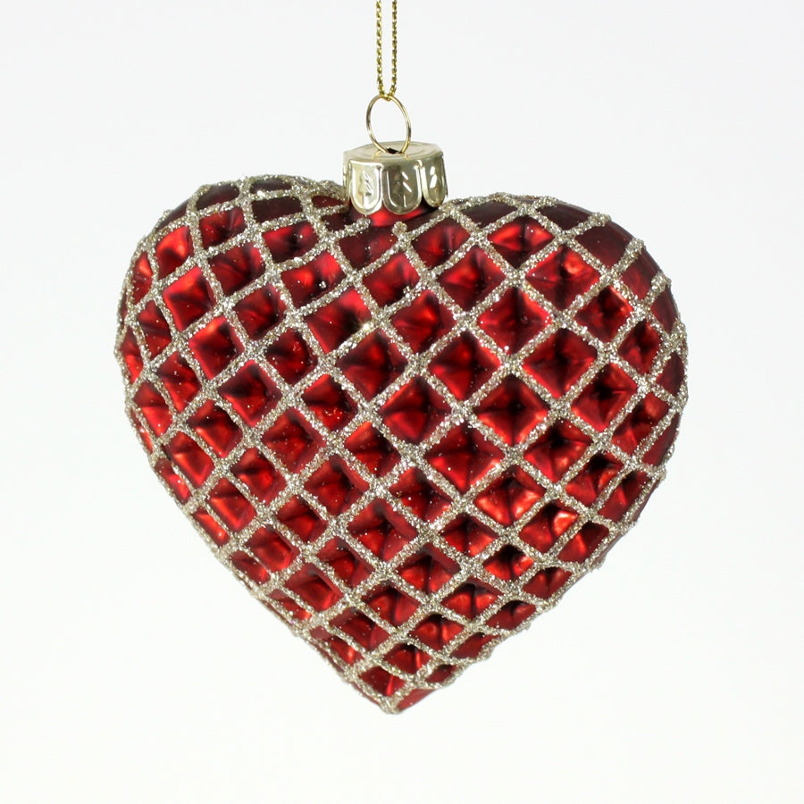 Julehjerte, glasornament, rød med guld glitter, 9 cm