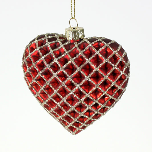 Julehjerte, glasornament, rød med guld glitter, 9 cm