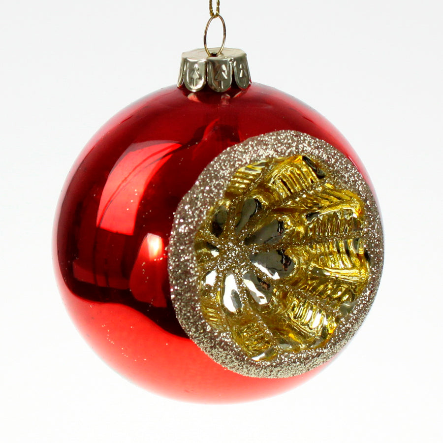 Julekugle med reflektor, i kraftigt glas, blank rød med guld glitter, 8 cm