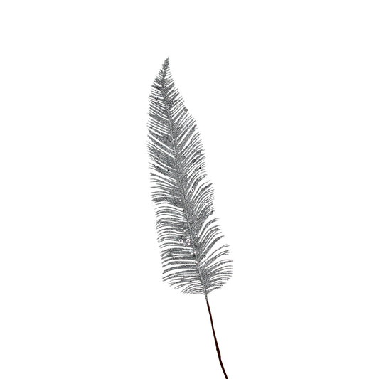 Fjer til dekoration, sølv glitter, papir og metal, længde 77 cm