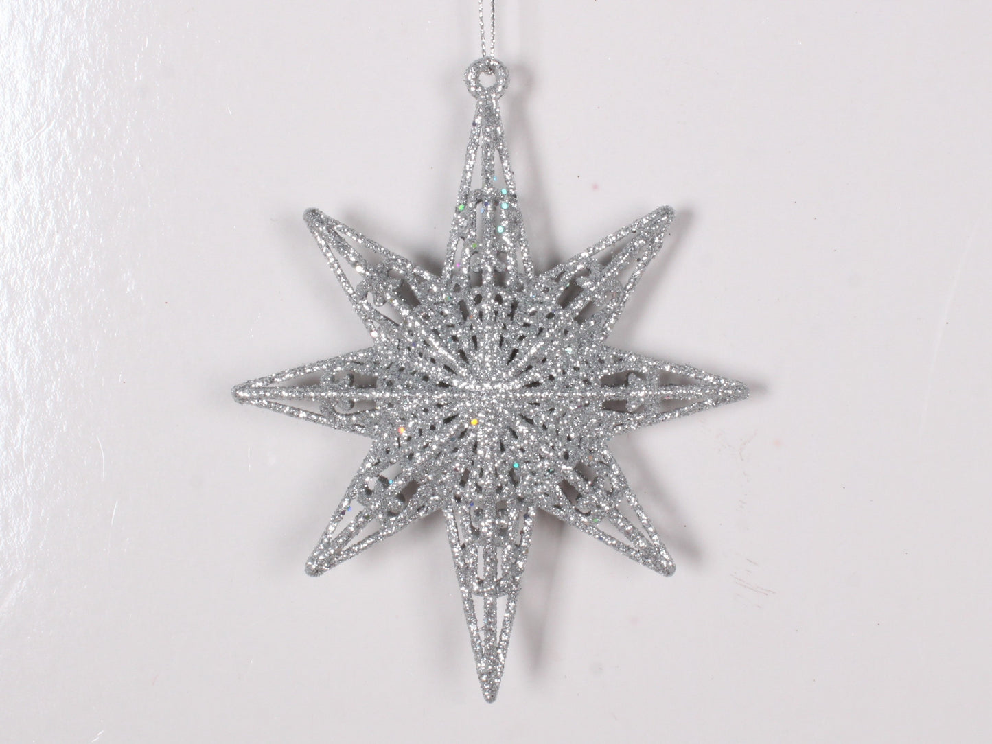 12,5 cm 8-punkt-stjerne, glitter, sølv
