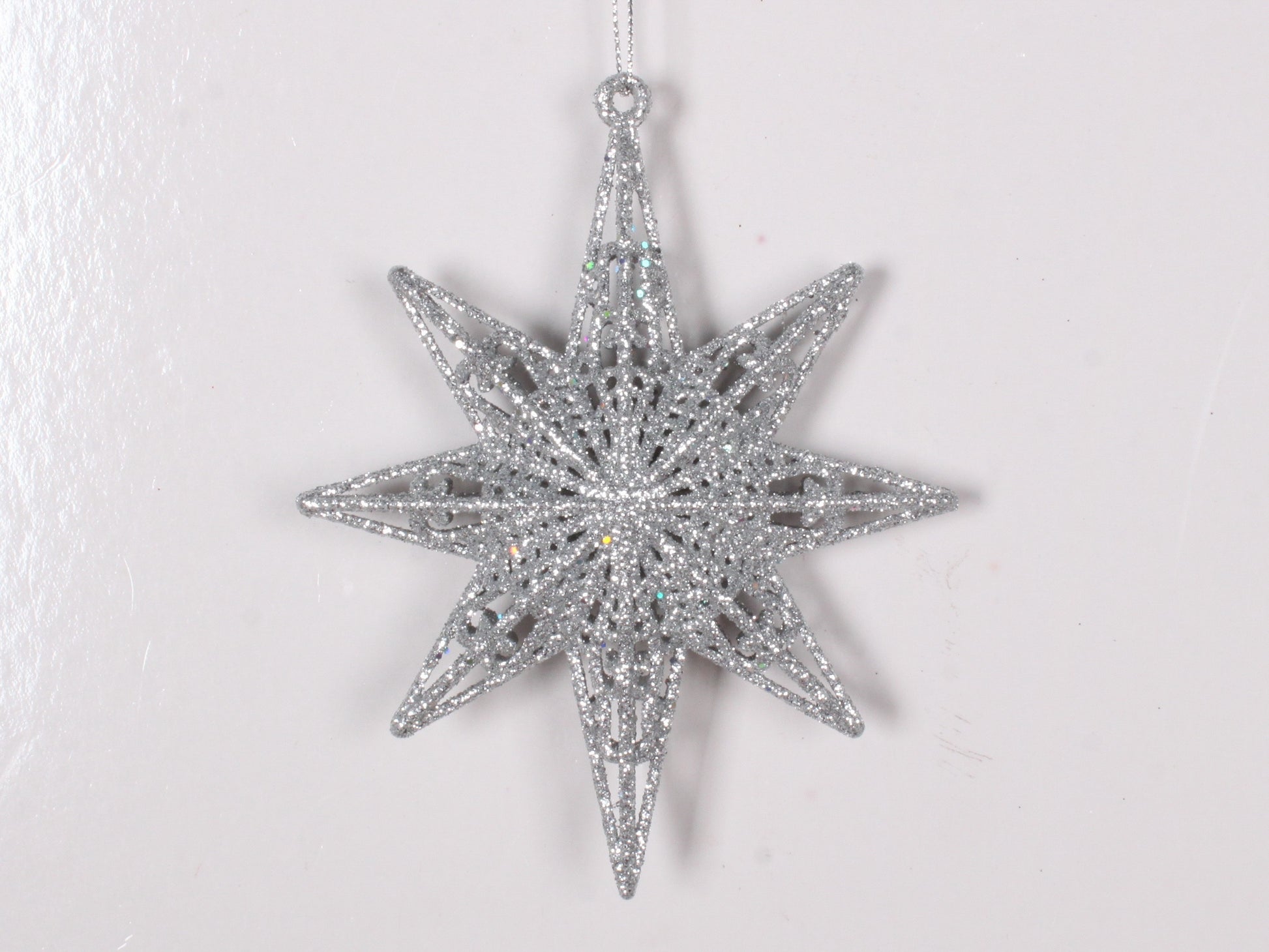 12,5 cm 8-punkt-stjerne, glitter, sølv