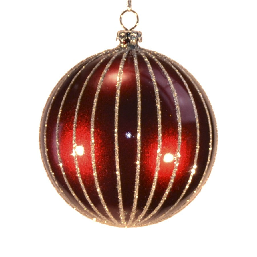8 cm julekugle, perlemor burgundy m/lodrette striber af champagne glitter