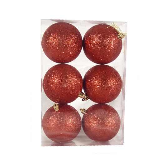 8 cm julekugle, 6 stk i boks, glitter rød