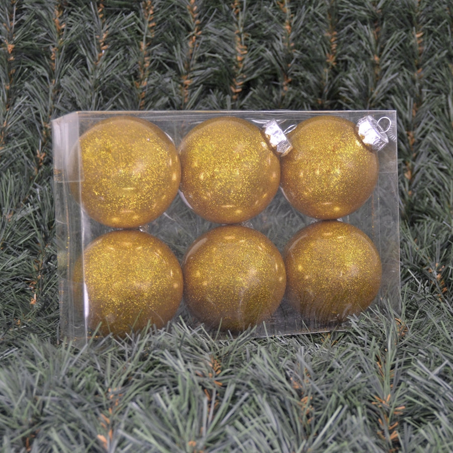 8 cm julekugler, blank med indvendig guld glitter, 6 stk i boks