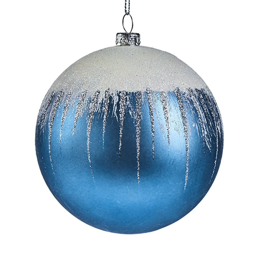 10 cm kugle, mat, gentle blue m/sne, hvid og sølv glitter