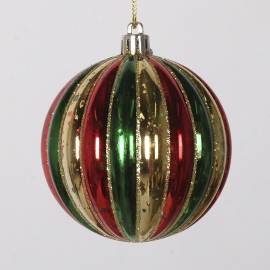 8 cm julekugle, stribet  mercury, guld, rød, grøn