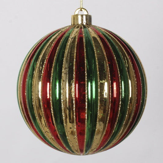 15 cm julekugle, stribet  mercury, guld, rød, grøn med guld glitter