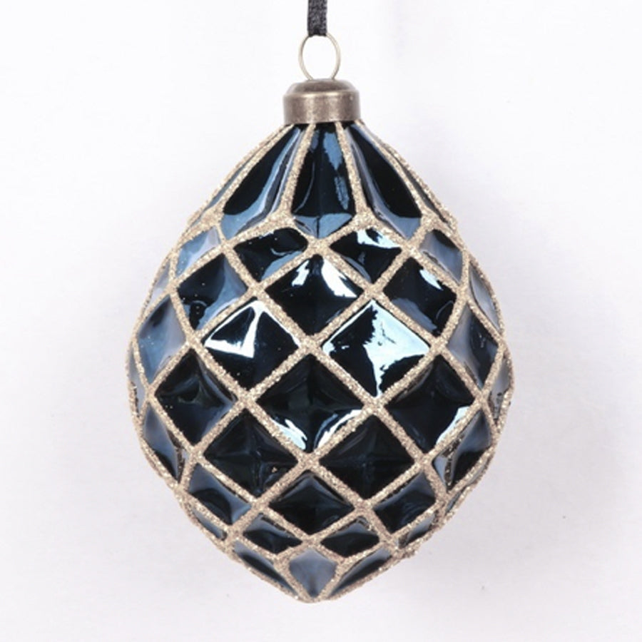 10 x 9 cm, julekugle, dråbe, præget, blank midnatsblå med diamond net af champagne glitter