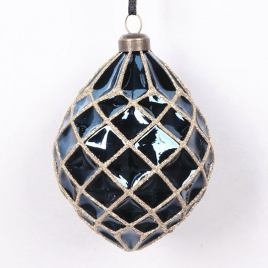 10 x 9 cm, julekugle, dråbe, præget, blank midnatsblå med diamond net af champagne glitter