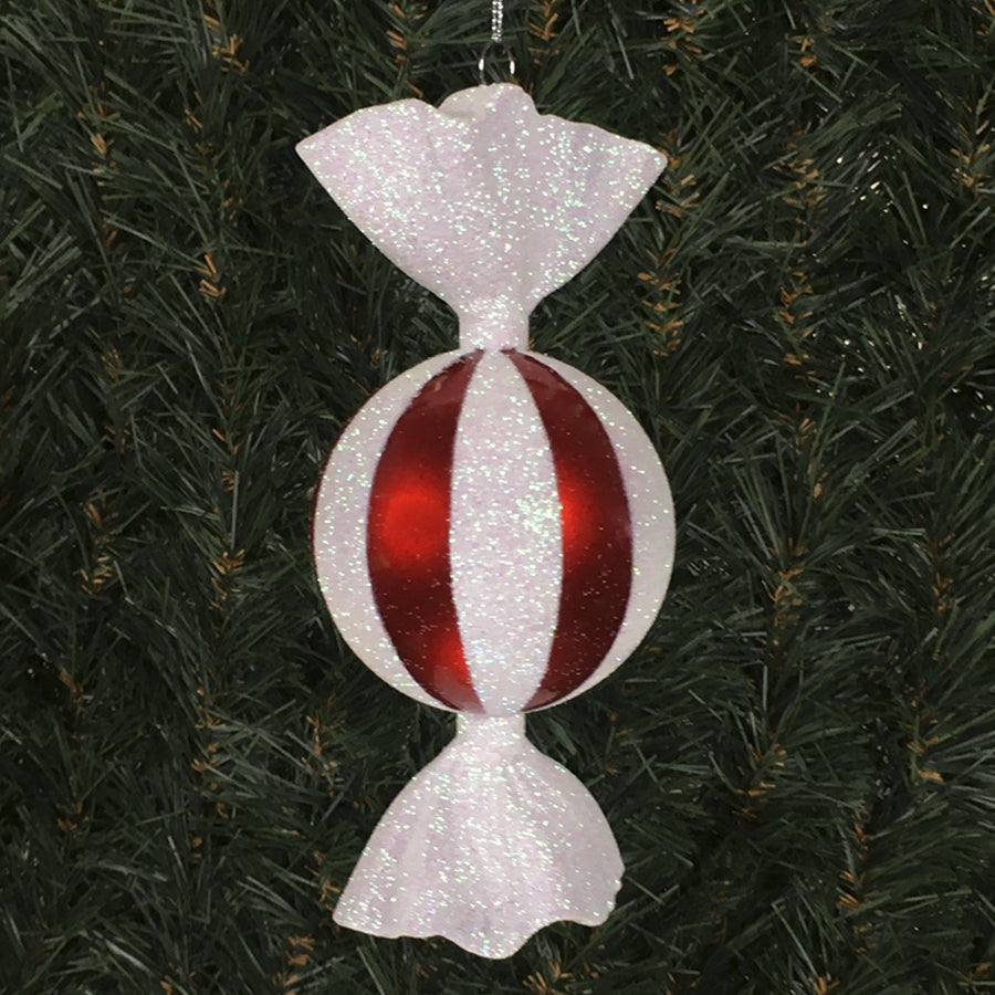 18 cm rundt slik, rød perlemor med hvidt glitter peppermint