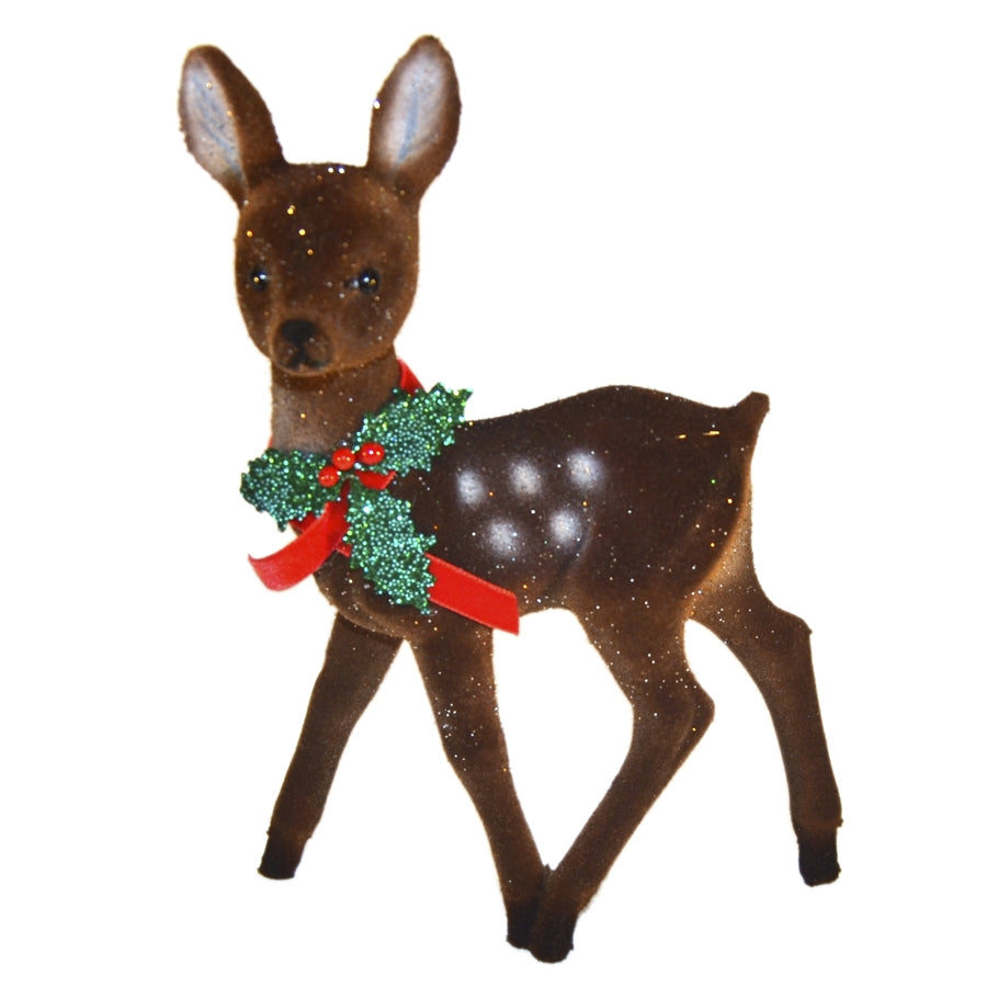 Bambi, 22x15 cm, brun velour med glitter og kristtjørn deko