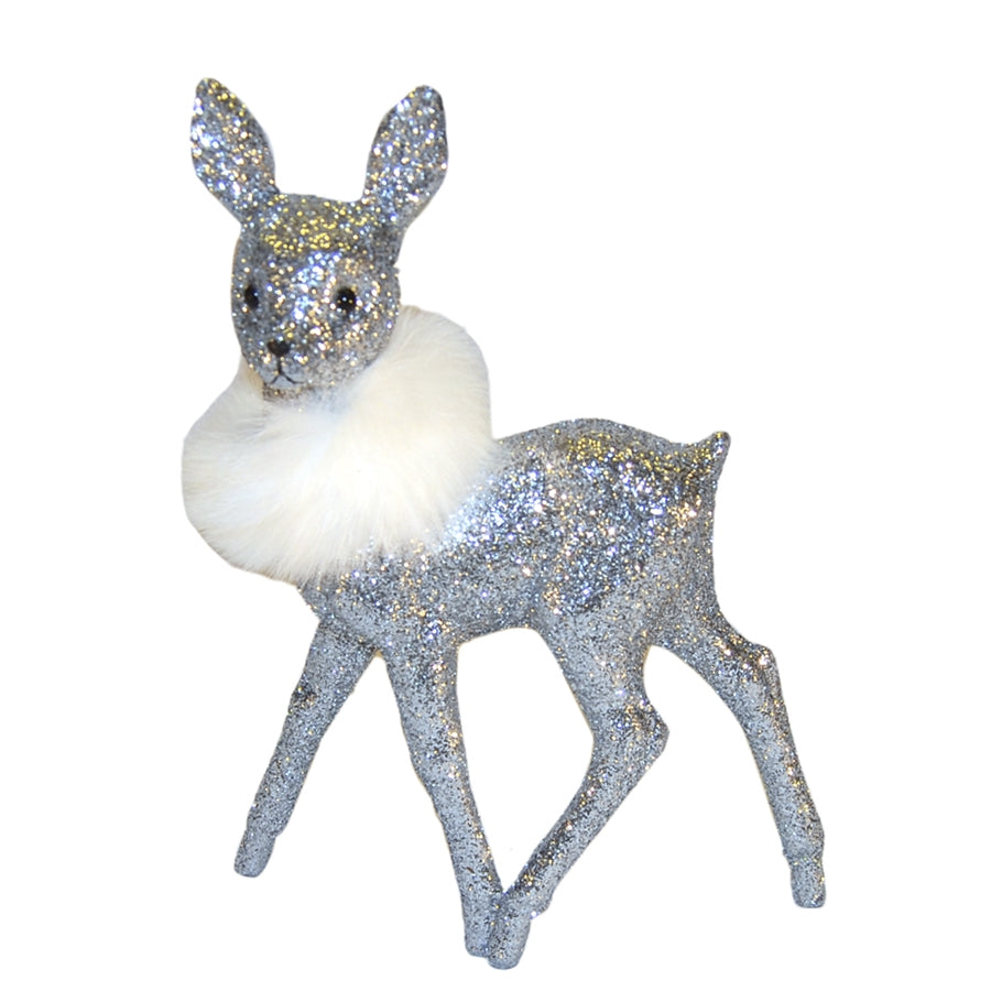 Bambi, 22x15 cm, sølv glitter med hvid pelsboa