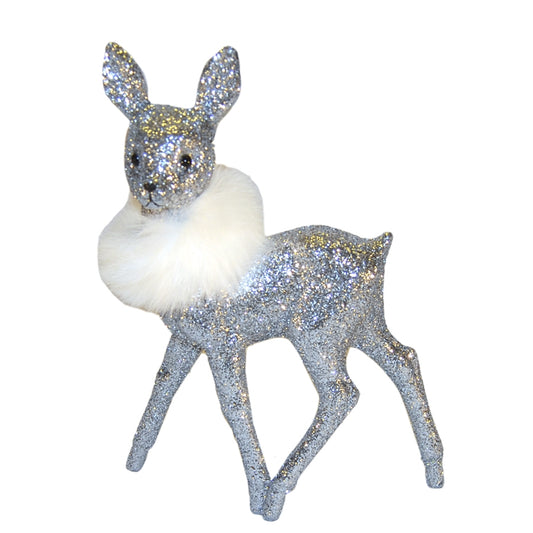 Bambi, 22x15 cm, sølv glitter med hvid pelsboa