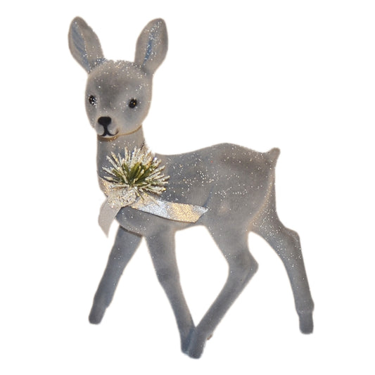 Bambi, 22x15 cm, grå velour med sne, sløjfe og deko
