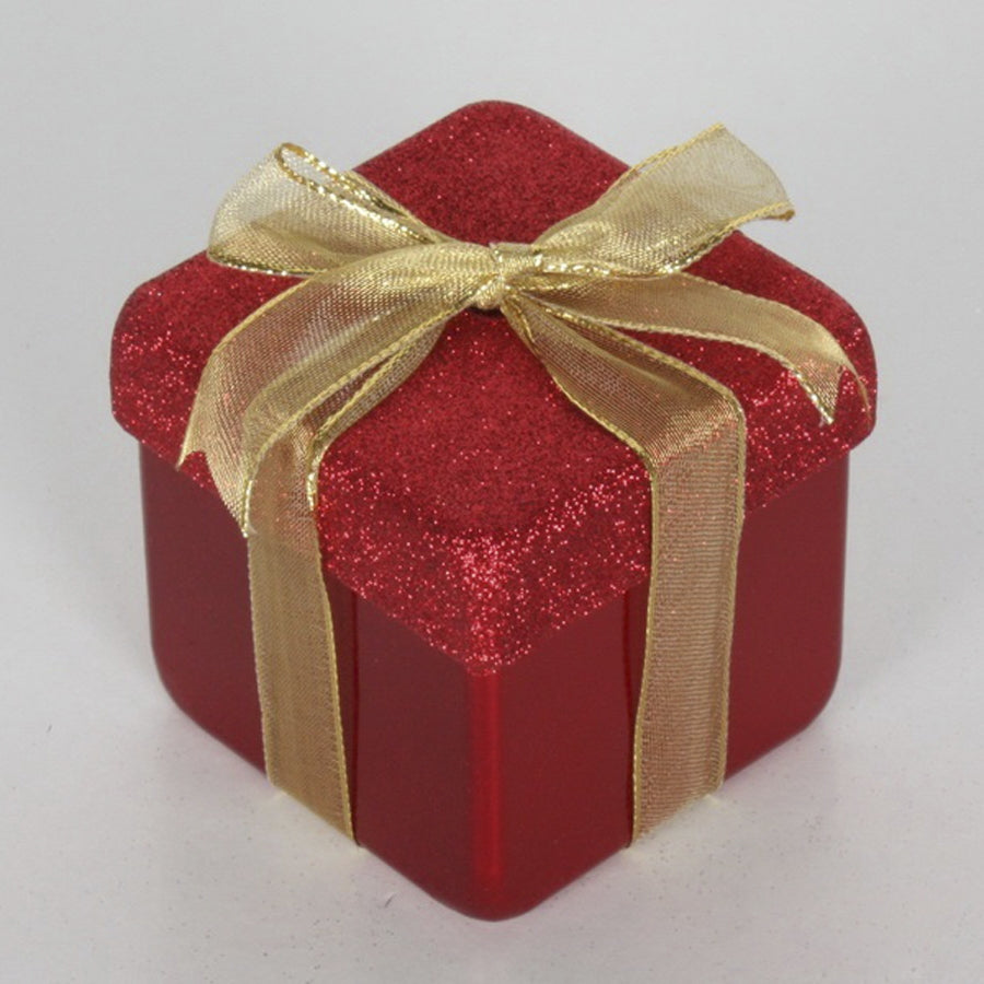10x10 cm gavepakke, perlemor rød med rødt glitter og guld sløjfe