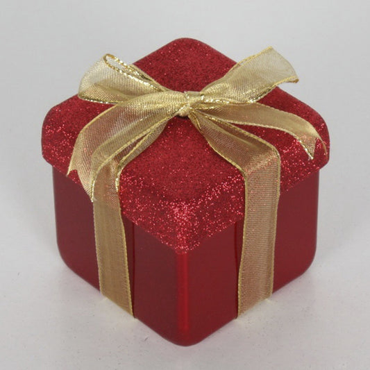 10x10 cm gavepakke, perlemor rød med rødt glitter og guld sløjfe