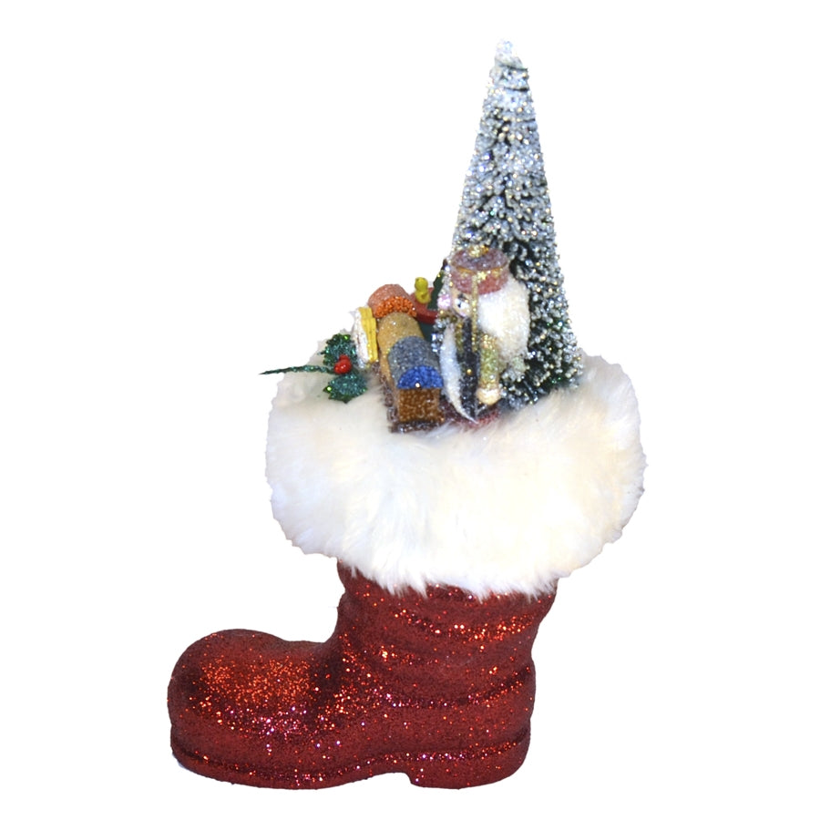 Julemandens støvle, rødt glitter dekoration, 19 cm + deko