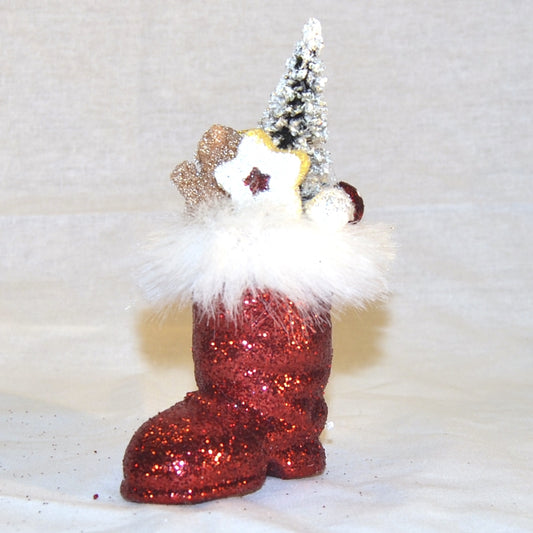 Julemandens støvle, rødt glitter med dekoration, 7 cm + deko
