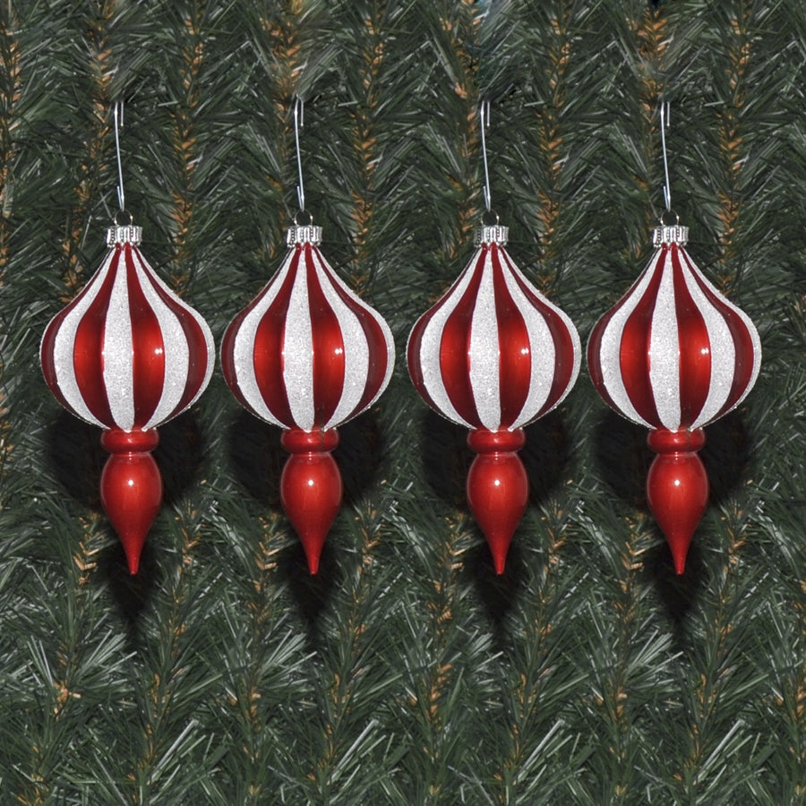 11,5 cm finial julekugler, Ø 6 cm, perlemor rød med hvidt glitter, 4 stk i boks