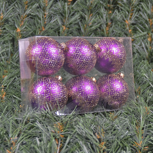 6 cm julekugler, mat lilla med deko af champagne glitter, 6 stk i boks