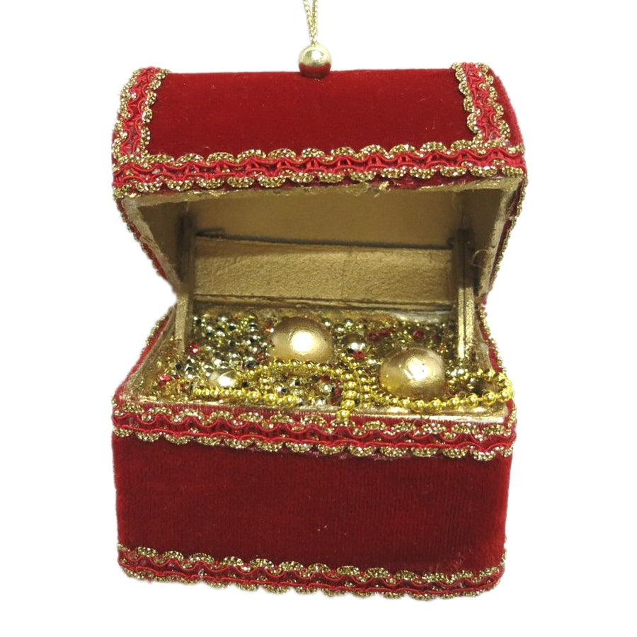 Skattekiste, 17x10 cm, rød velour med guld