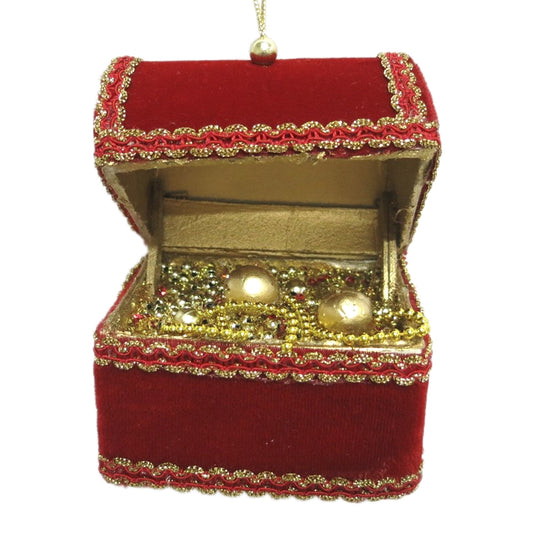 Skattekiste, 17x10 cm, rød velour med guld