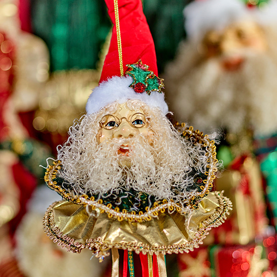 Julemands hoved, ornament med frynser, rød, guld, grøn