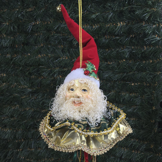 Julemands hoved, ornament med frynser, rød, guld, grøn