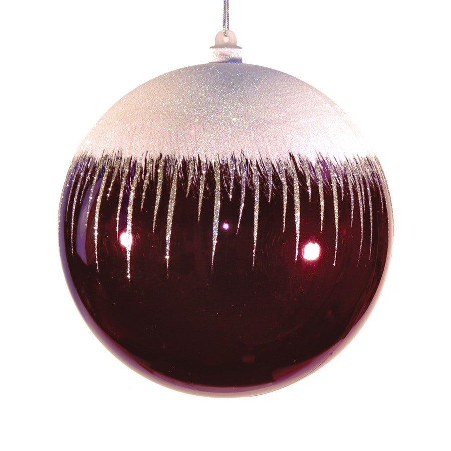 20 cm julekugle, blank, burgundy m/sne