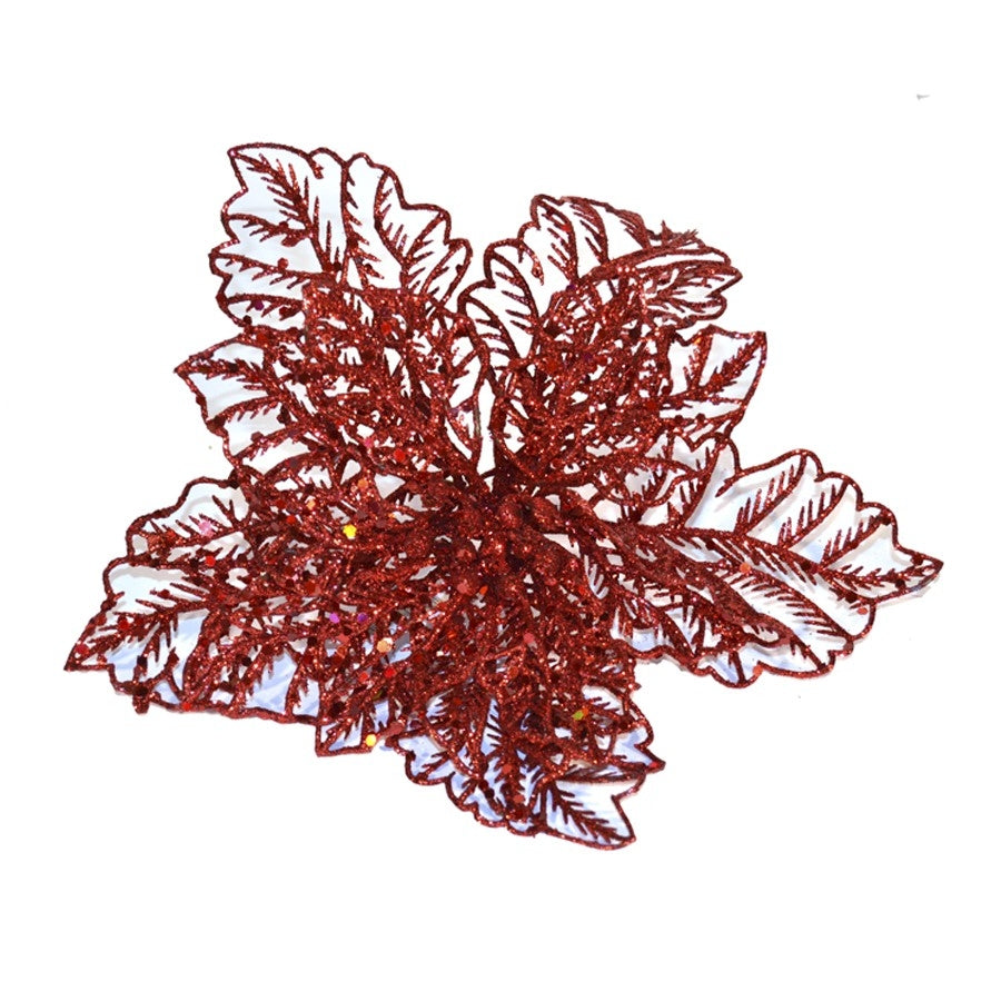20 cm julestjerne, rødt glitter, med clip
