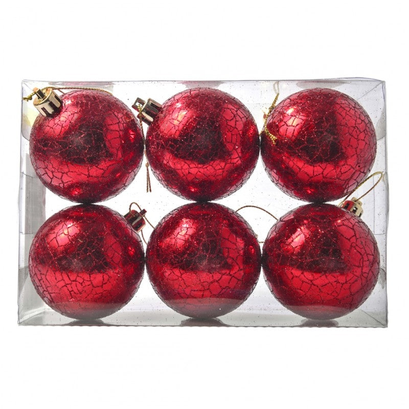 6 cm kugler, rødt crackle glitter, 6 stk i boks
